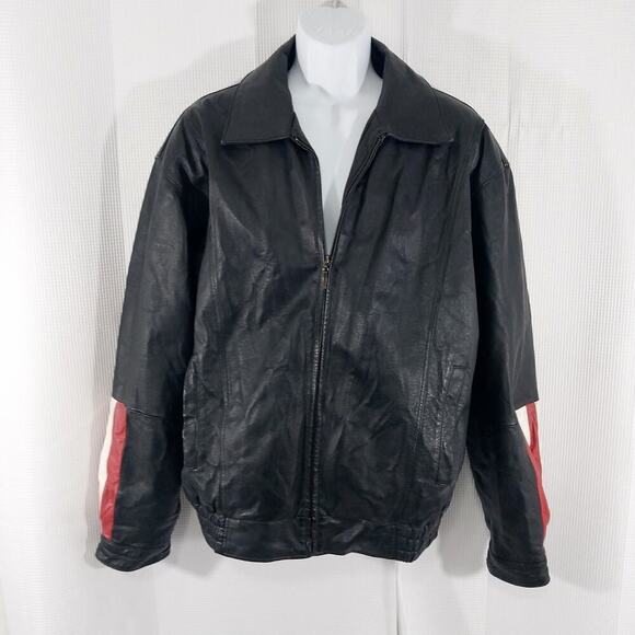 VINTAGE OSCAR PIEL! HOT BLACK GENUINE LEATHER, AMERICA BIKER/MOTO JACKET! SZ L - Picture 6 of 11